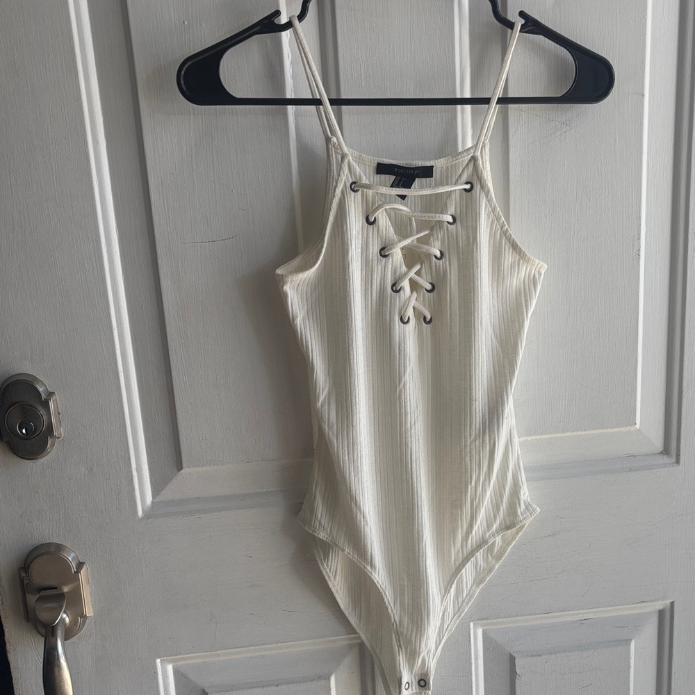 Forever 21 Ivory Lace-Up Knit Top